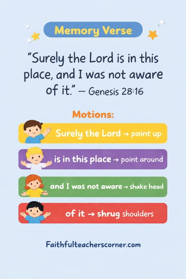 Sunday school memory verse Genesis 28:16 with motions
