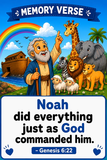 Noah’s Ark Memory Verse Poster (Genesis 6:22) with Kid-Friendly Motions