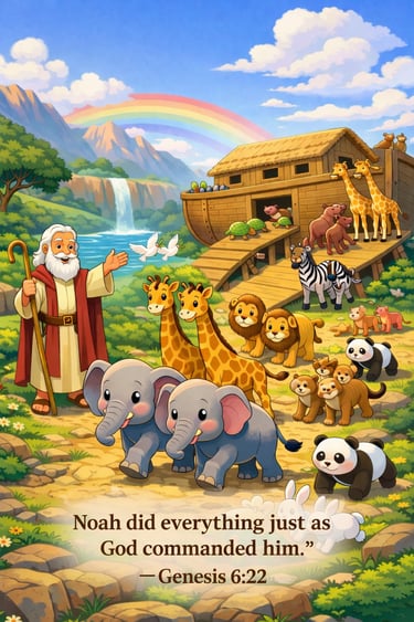 Noah’s Ark Bible verse for kids Genesis 6:22 obedience and trust in God Christian illustration