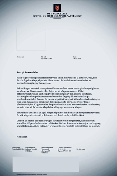 The Ministry of Justice and Public Security in Norway regarding the case of traffickers and corrupt