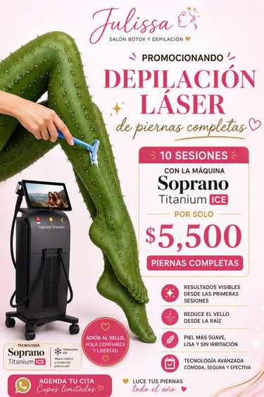 Promoción de depilación láser Soprano Titanium ICE para piernas completas en Julissa Salón Botox y Depilación.