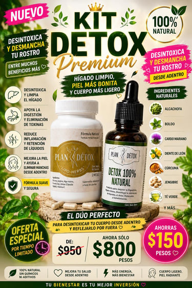 Kit Detox Premium supplements including capsules and liquid drops for liver detox and skin health with natural ingredients.