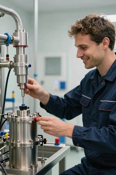 A professional photograph in Central European style of a smiling technician in dark blue workwear inspecting a modern water purification system in a bright utility room. High-quality tools, clean steel installations, realistic depth of field.
