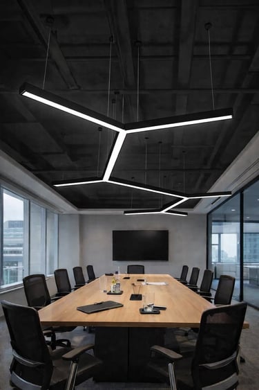 Sala de juntas en madera e iluminación colgante LED de diseño geométrico