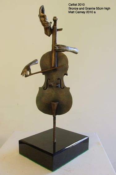 a sculpture of a cellist with just hands and an open mind