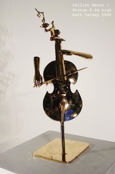 a cello being played by human arms with an abstract face