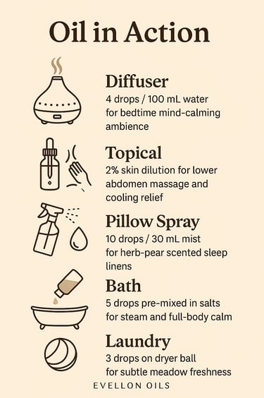Oil guide for diffuser, topical, pillow spray, bath and laundry with usage icons