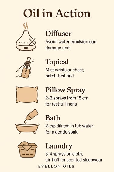 Oil in Action guide with diffuser caution, pillow spray, bath, topical and laundry instruction