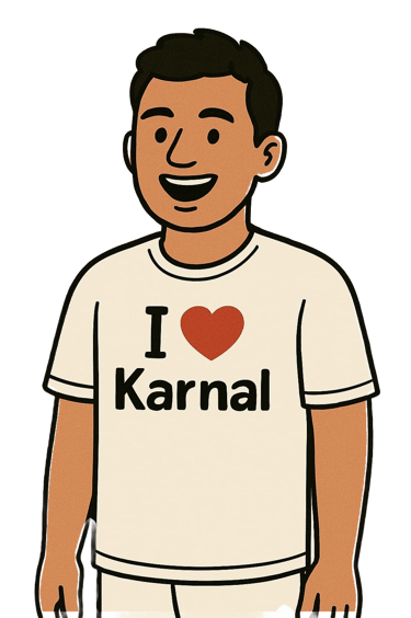 A graphic showing a boy wearing t-shirt that says I Love Karnal