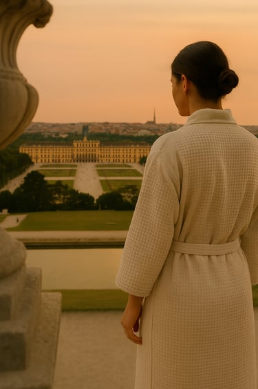 a woman in a robe standing in front of schönbrunn