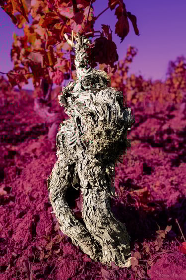 Vieille vigne sculptée, couleurs intenses, photographie artistique de vigne.