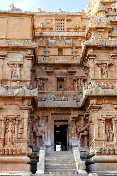 Detailed Chola sculpture work on Brihadeeswara Temple’s exterior walls