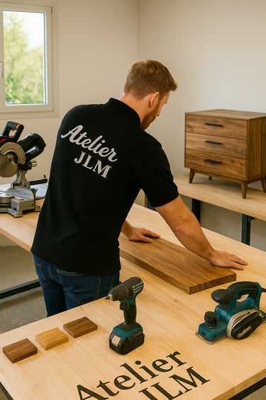 Artisan Atelier JLM en train de fabriquer un meuble sur mesure