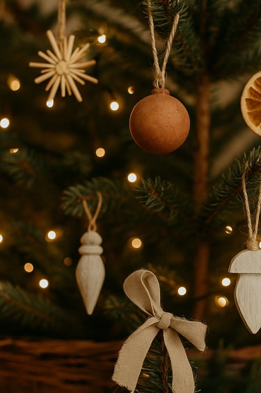Rustic Christmas mantel with garland, candles, pinecones, and a wreath above a glowing fireplace.