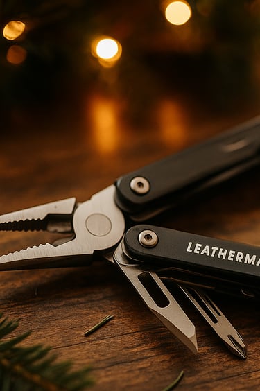 Leatherman multi-tool opened on wooden surface with pine needles and warm Christmas lights.