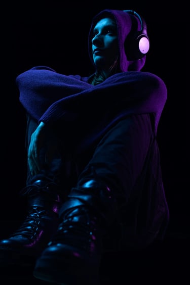 Une femme en sweat à capuche perdue dans ses pensées avec son casque audio. Dans un style neon