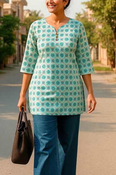a woman in a blue dress and a black purse