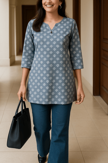 a woman in a blue shirt and jeans walking down a hallway