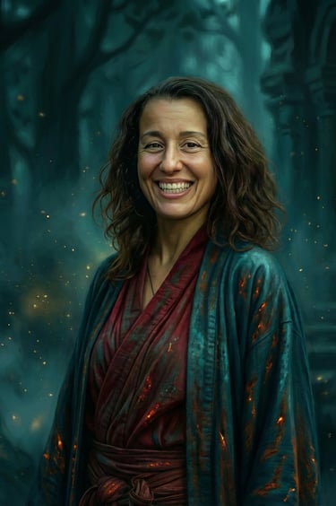 WDP İstanbul Taiji eğitmeni İpek Özkan. Gülen yüzlü, dalgalı saçlı, yeşil geleneksel kıyafetli kadın portresi.