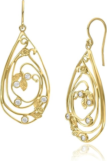 Floral Jewelry : 14K Gold Over Sterling Silver Floral Leaf Statement Earrings. Cubic Zirconia