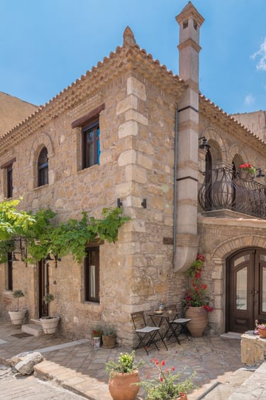 Full exterior view of Villa Galanoussa, a renovated historic landmark villa in the heart of Zakynthos capital.