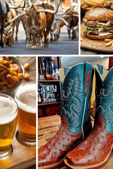 multiple images showing longhorn cattle, burgers and fries, beer, and cowboy boots
