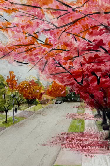 a painting of a tree with red flowers