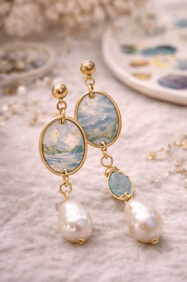 “Pendientes colgantes de oro hechos a mano con pinturas paisajísticas ovaladas y perlas