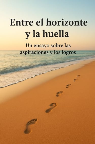 Huella en la arena hacia el horizonte: metáfora visual de logros, aspiraciones y camino interior.