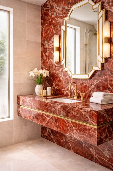 Acento de mármol rojo en baño Art Déco moderno con grifería dorada