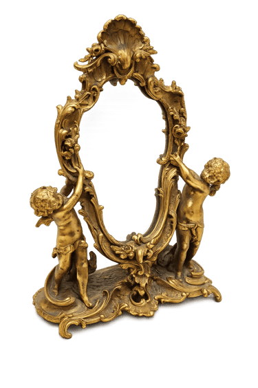 Antique ornate gold rococo mirror frame featuring two cherub figures and intricate floral carvings.