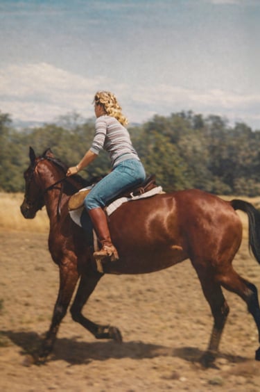 Nancy Jo riding one of her horses outdoors