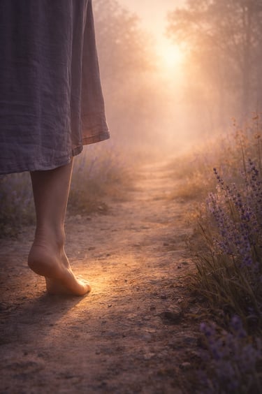 Barefoot person walking on a misty dirt path through lavender fields at golden hour sunrise.