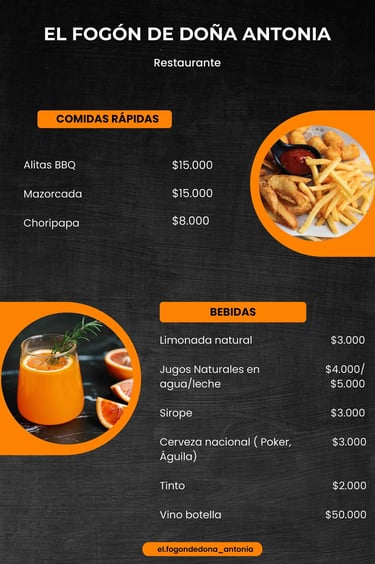 nebú de comidas rapidas y bebidas en el Restaurante El Fogón de Doña Antonia