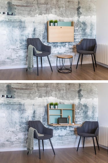 Mesa abatible de pared para usar como escritorio eventual en teletrabajo. Interiorismo en Valencia con mural tonos turquesas