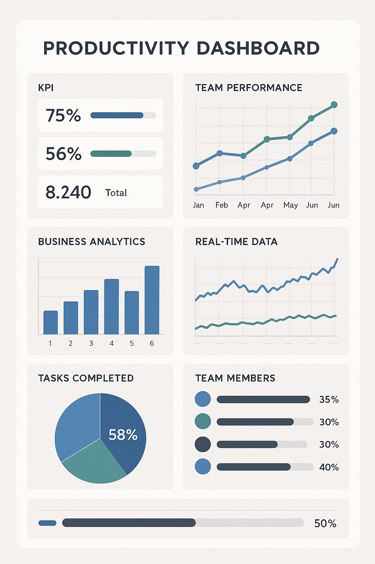 Team productivity dashboard displaying key performance metrics and analytics