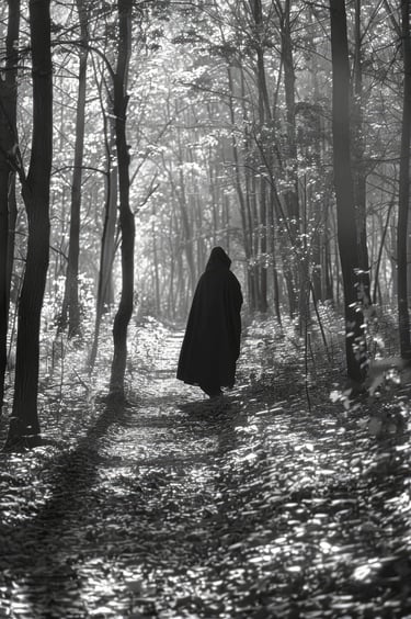 Personne marchant sur un chemin en foert vers la lumière