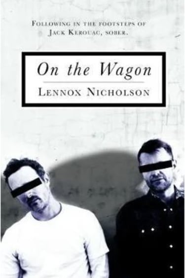 Book cover featuring a black & white image of two men in front of a wall, their faces masked by horizontal black stripes