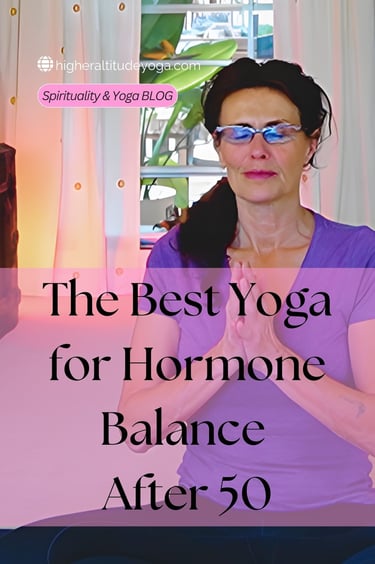 Woman over 50 practicing meditation and yoga for hormone balance with hands in prayer pose.
