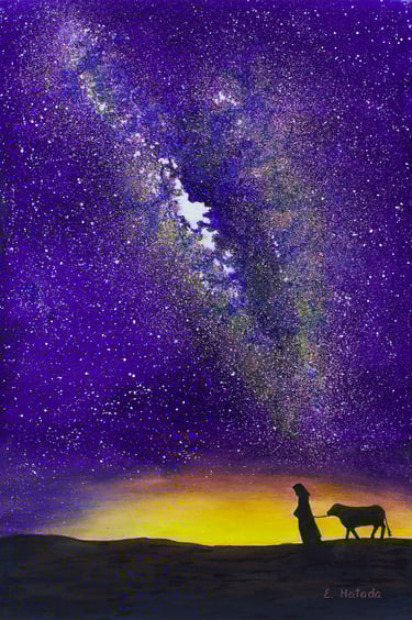 Watercolor painting of the Milky Way beckoning to a figure herding a calf