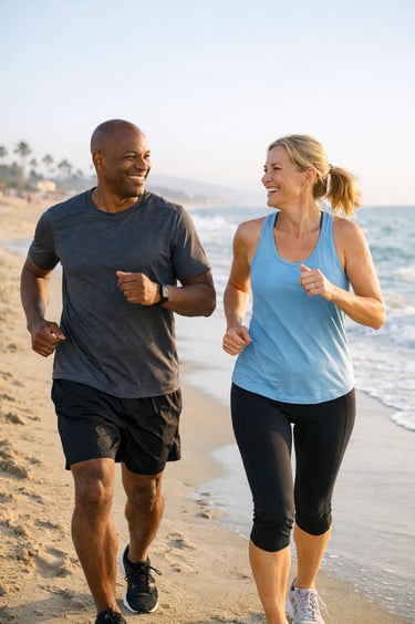 fitness over 40 jogging on a sandy beach at sunset for outdoor fitness.