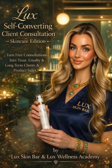 Luxury skincare consultation expert in a teal and gold spa holding a professional skincare serum