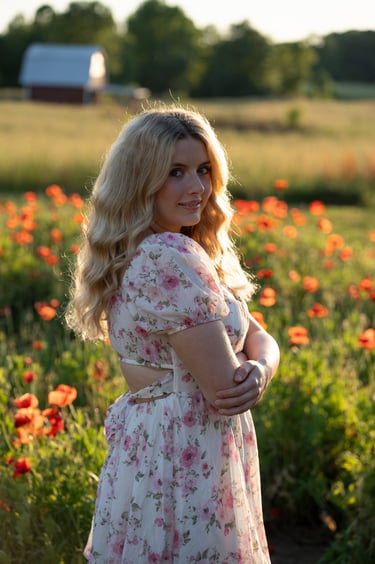 senior photo in flower field