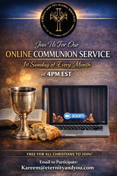 Promotional flyer for an online communion service on Zoom featuring a chalice, bread, and open Bible.