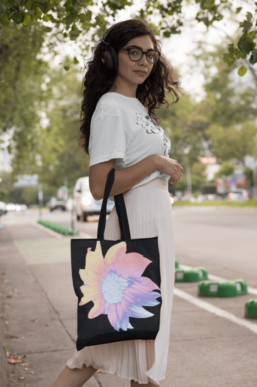 Digital image of a female model holding a Tote Bag 