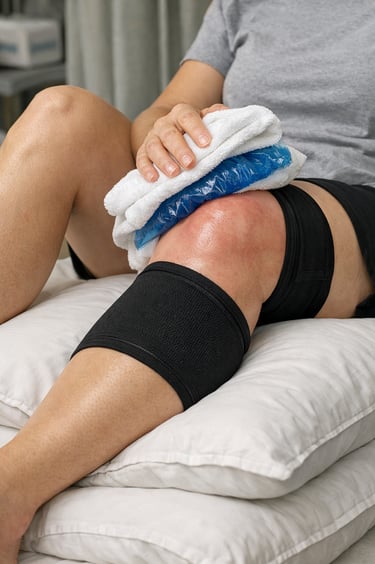 Genou gonflé et enflammé après une opération du LCA, avec compression et glaçage pour réduire le gon