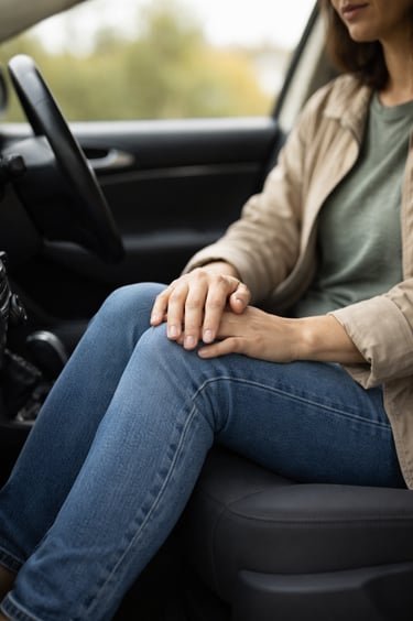 Personne seule au volant, mains sur le genou, reprise de la conduite après un LCA