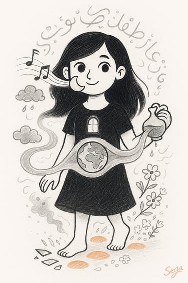 a girl with water and music notes around her