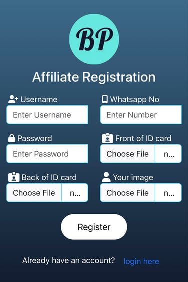 "BetPro10 Affiliate Program - Register by entering username, WhatsApp number, password, uploading fr