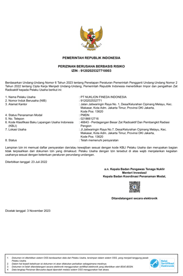 Sertifikat perizinan usaha berbasis risiko PT Nuklion Fineda Indonesia